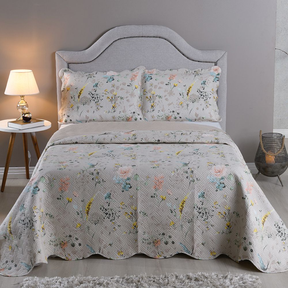 Kit Colcha Cobre Leito 150 Fios Matelado Boutis Estampada Dupla Face Cartagena Areia