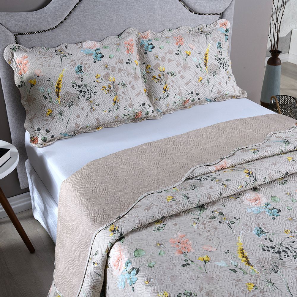 Kit Colcha Cobre Leito 150 Fios Matelado Boutis Estampada Dupla Face Cartagena Areia