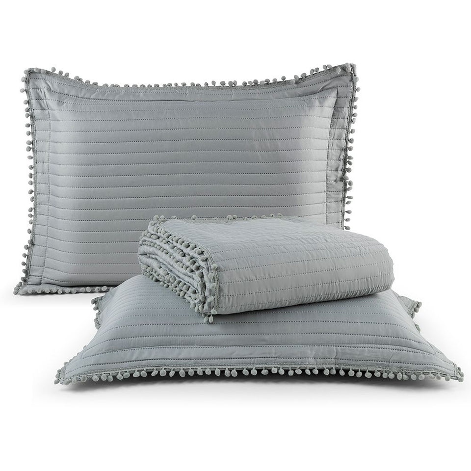 Kit Cobre Leito Colcha Matelado PomPom 300 Fios Cinza